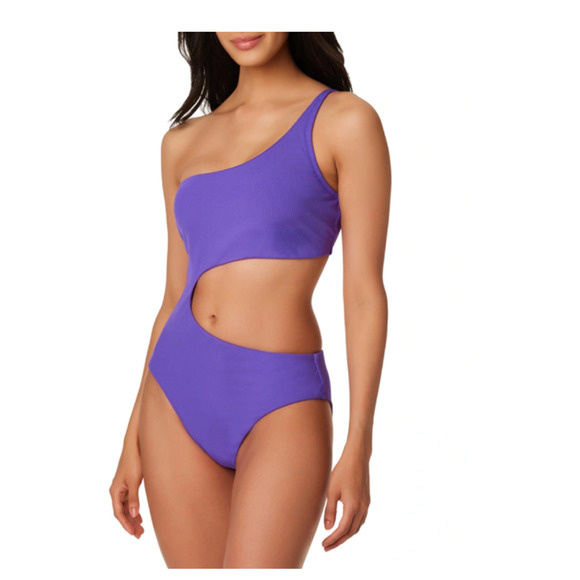 Bar III Hibiscus Purple Cut Out One Shoulder One Piece Swimsuit Small NWT $94 - Picture 1 of 3